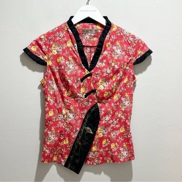 Vintage GAIL & GINNY Women’s Red Ditsy Floral Asian Inspired Blouse Top Size 9 - Picture 1 of 8